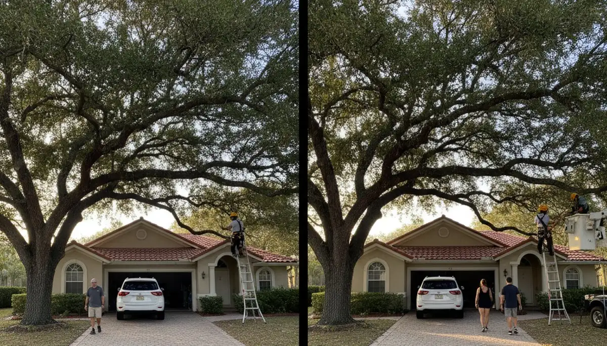 Arborist lifting tree canopy for better clearance in Bradenton FL driveway – professional tree trimming