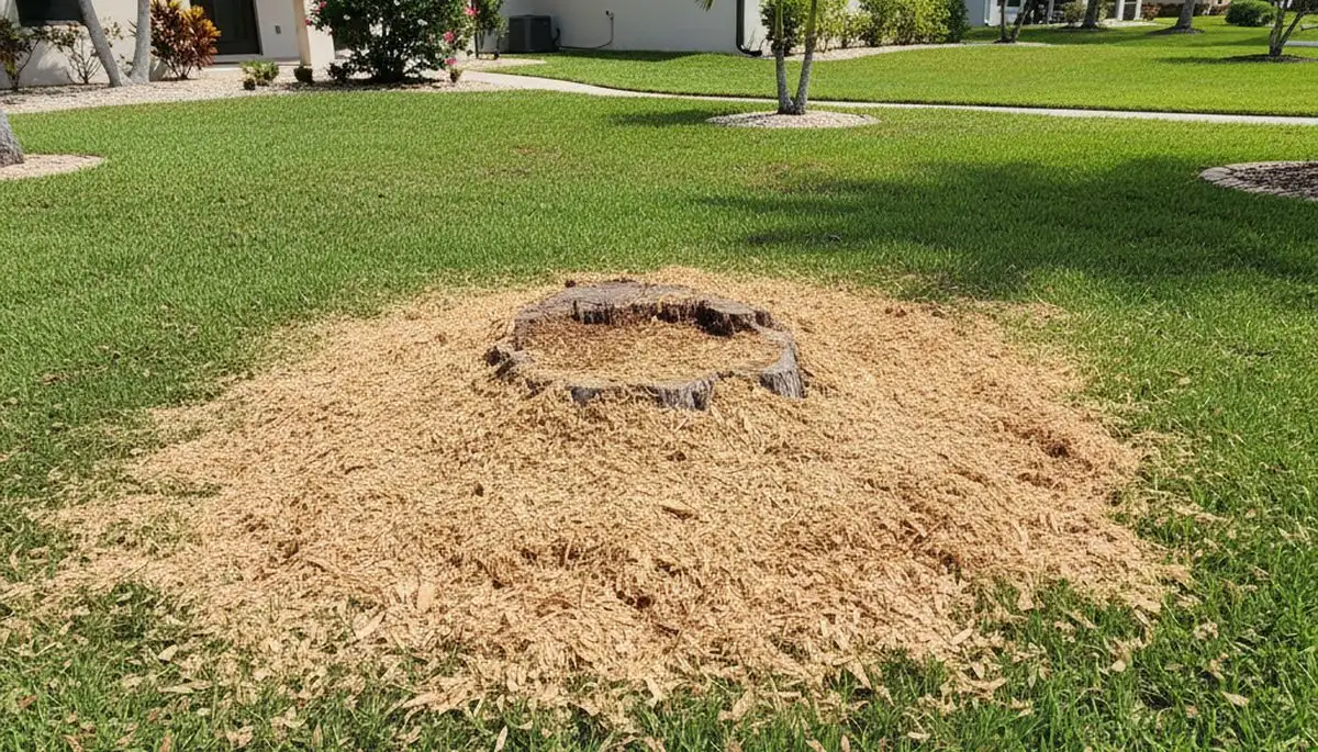 Finished stump grinding in Bradenton FL showing clean lawn-ready area after professional tree removal