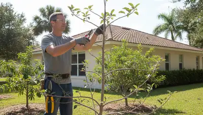 Arborist pruning fruit tree in Bradenton FL backyard orchard for healthy growth and balanced canopy