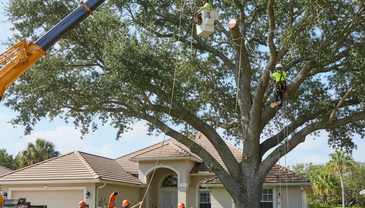 Arborists performing large tree removal with bucket truck in Longboat Key near Bradenton, FL homes