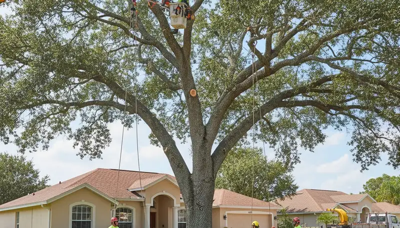 Professional arborists performing large tree removal with bucket truck in Bradenton, FL
