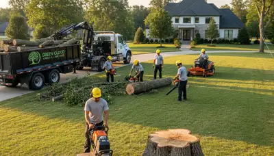 Professional lawn and tree service crew working in Bradenton, FL yard