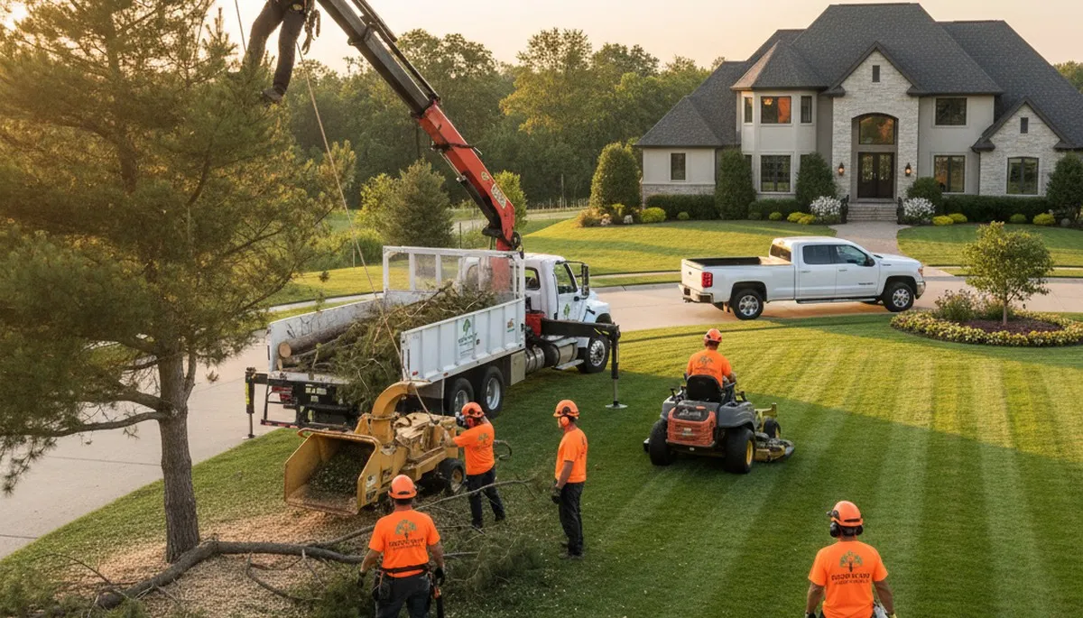 Professional lawn and tree service team working in Bradenton, FL yard maintenance scene