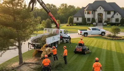 Professional lawn and tree service team working in Bradenton, FL yard maintenance scene