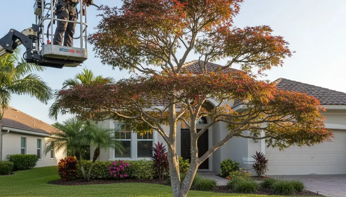 Arborist hand pruning ornamental Japanese maple for residential landscape in Bradenton FL
