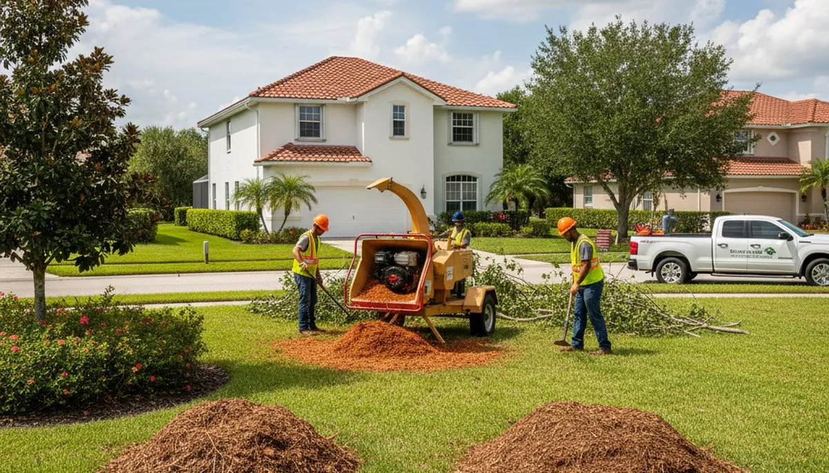 Tree removal crew completing post-removal cleanup and yard restoration in Bradenton, FL