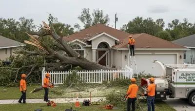 Emergency tree removal crew clearing storm-damaged trees in Ellenton, FL near Bradenton homes