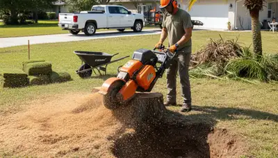 Professional stump grinding removing tree stumps for lawn restoration in Ruskin, FL by Bradenton experts