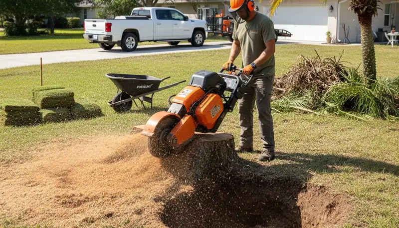 Professional stump grinding removing tree stumps for lawn restoration in Ruskin, FL by Bradenton experts