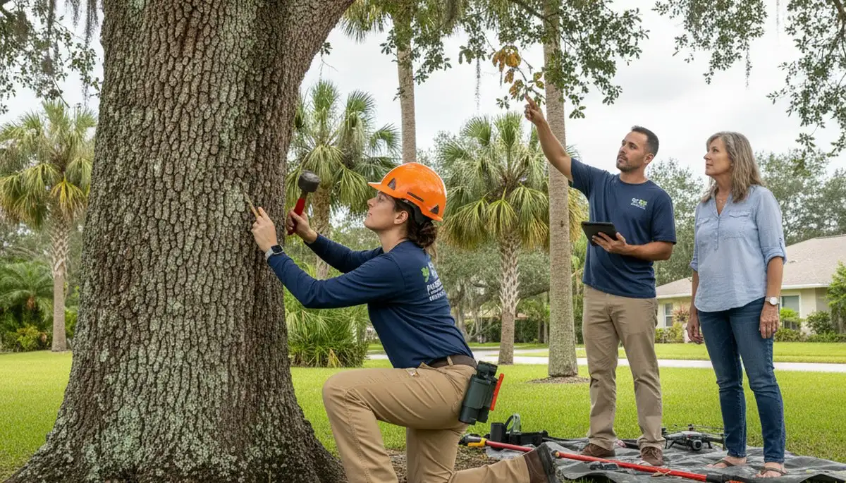 Certified arborist performing tree health assessment in Parrish, FL for Bradenton tree service company