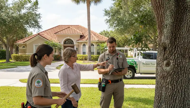 Certified arborist performing tree health assessment for homeowners in Ruskin, FL near Bradenton