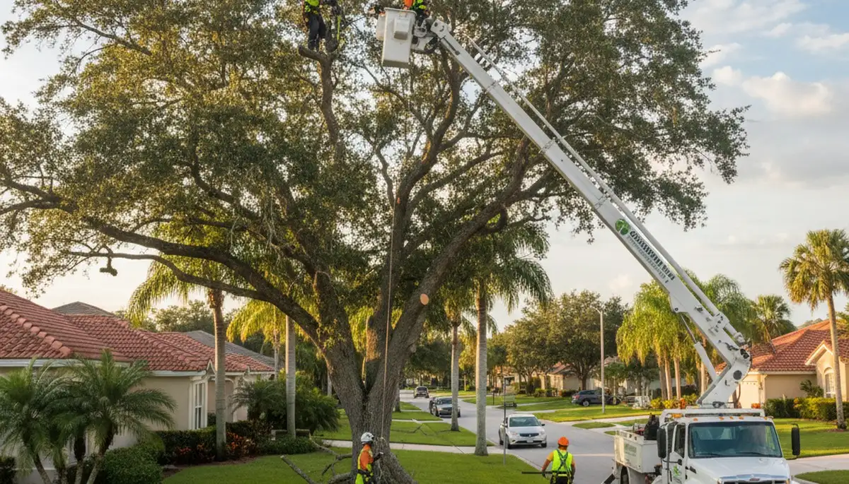 Professional tree removal service in Bradenton FL safely cutting and hauling large oak tree