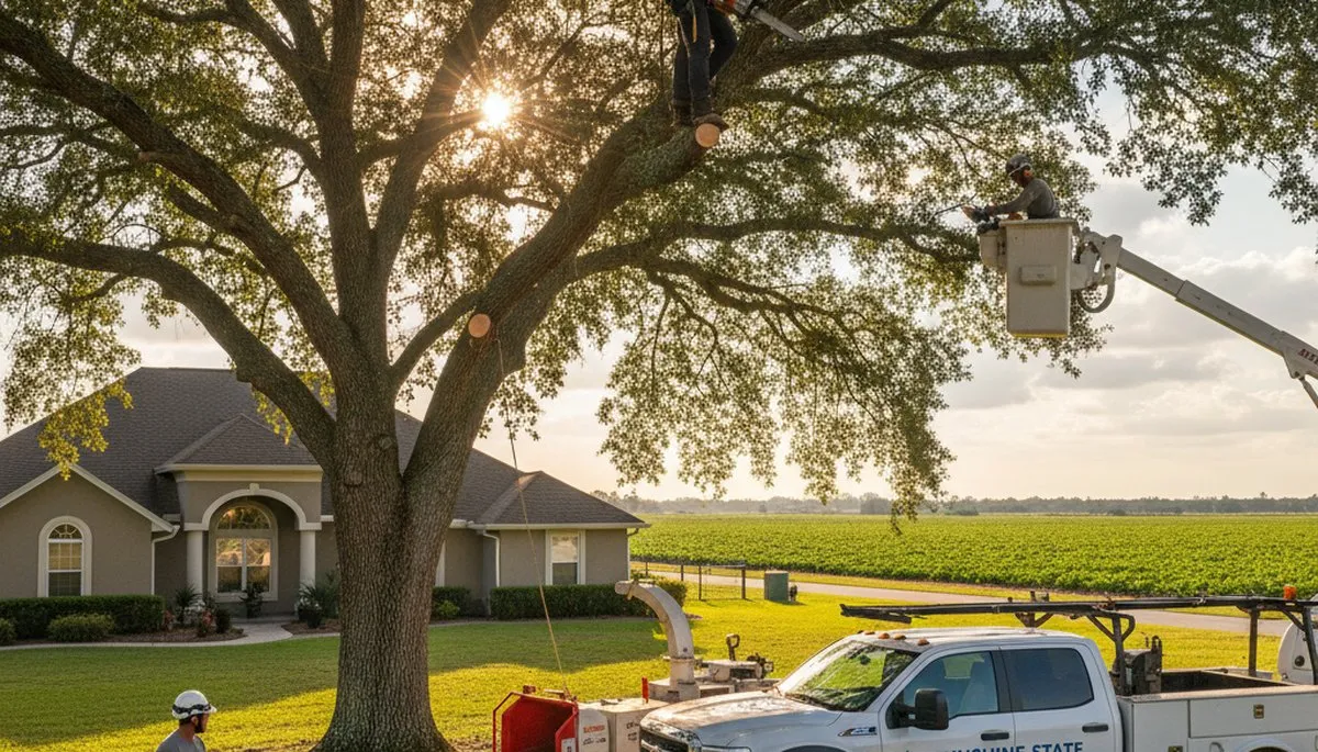 Professional tree removal service in Bradenton FL safely cutting and clearing large oak tree