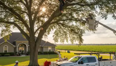 Professional tree removal service in Bradenton FL safely cutting and clearing large oak tree