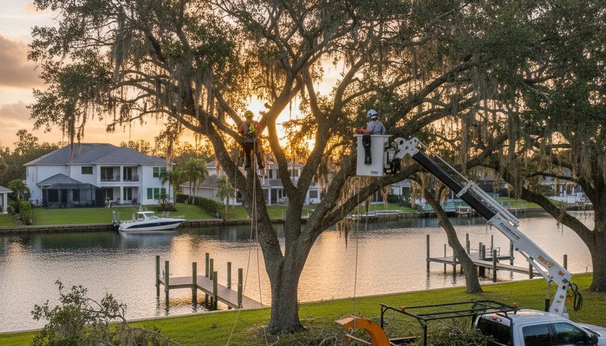 Professional tree removal service in Bradenton FL safely cutting and clearing large oak tree