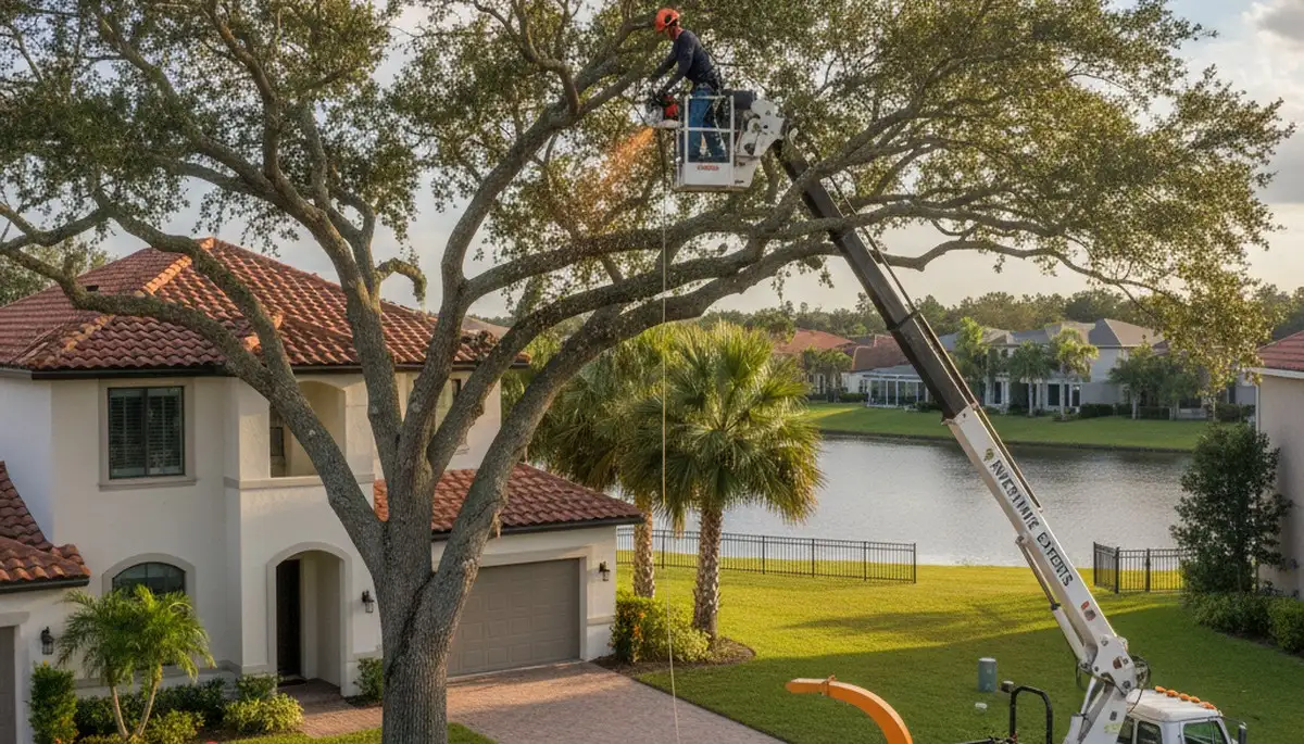Professional tree removal service in Bradenton FL safely cutting and clearing large oak trees