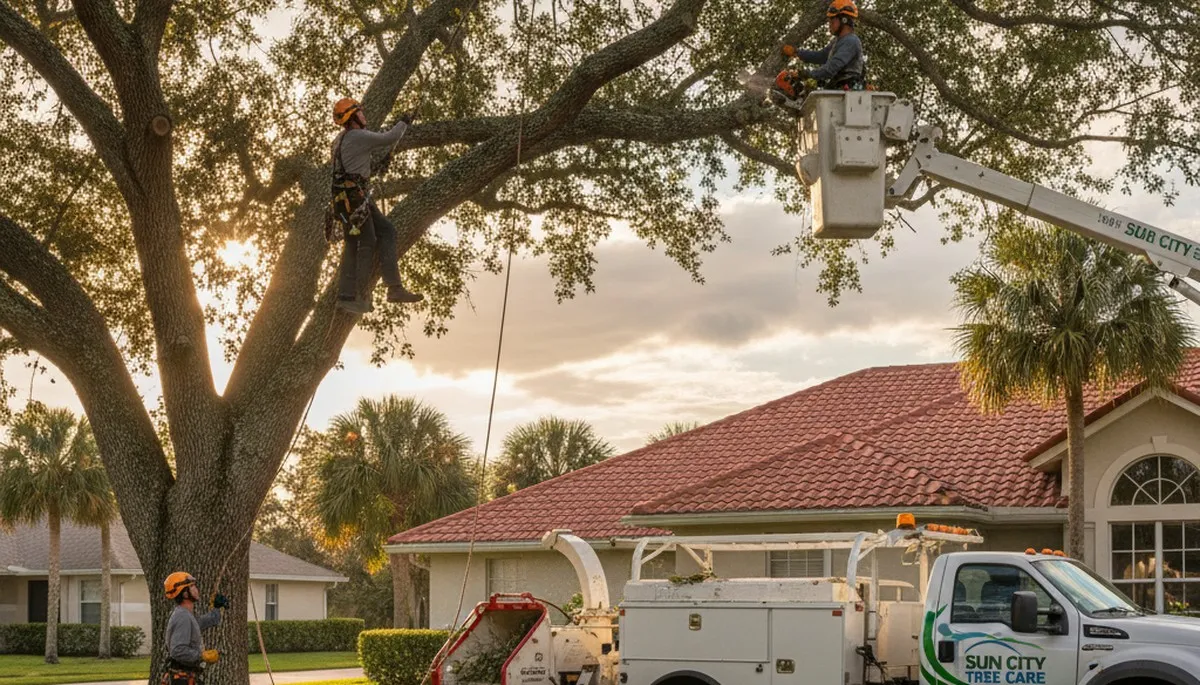Professional tree removal service in Bradenton FL safely cutting and clearing large oak tree