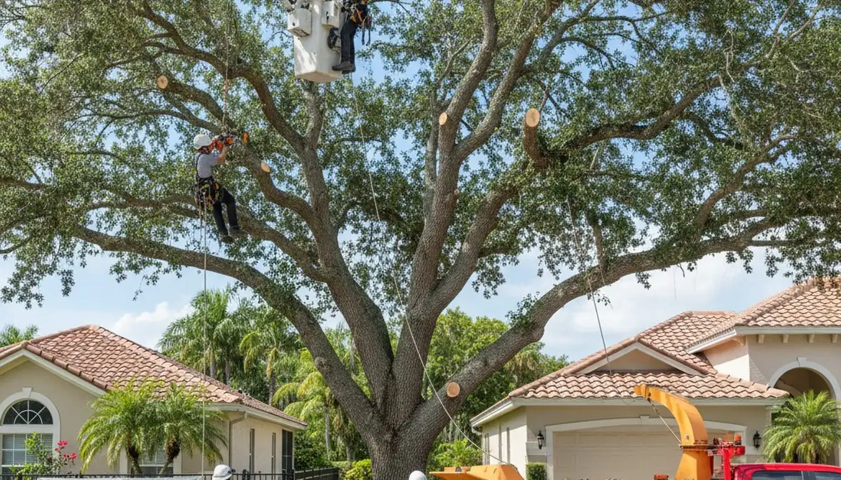 Professional tree removal service in Bradenton FL safely cutting and clearing large oak trees